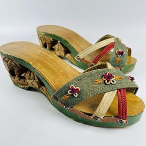 Handcrafted Vintage Carved Wooden Shoes w Palm Trees Tiki Hut Phillippines 1940s